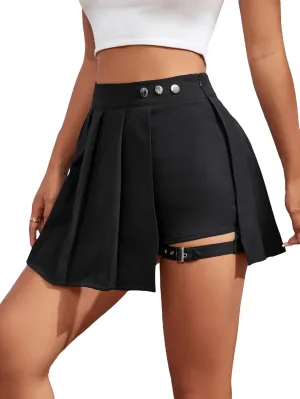 WDIRARA Women's High Waist Pleated Button Skort Asymmetrical Skirt Shorts
