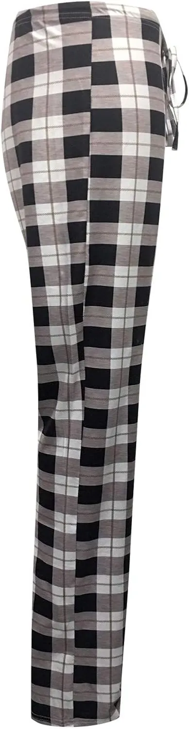Wide Leg Pants for Women Plaid Mid Rise Elastic Waist Trousers Loose Casual Gingham Straight Palazzo Loungewear Pants