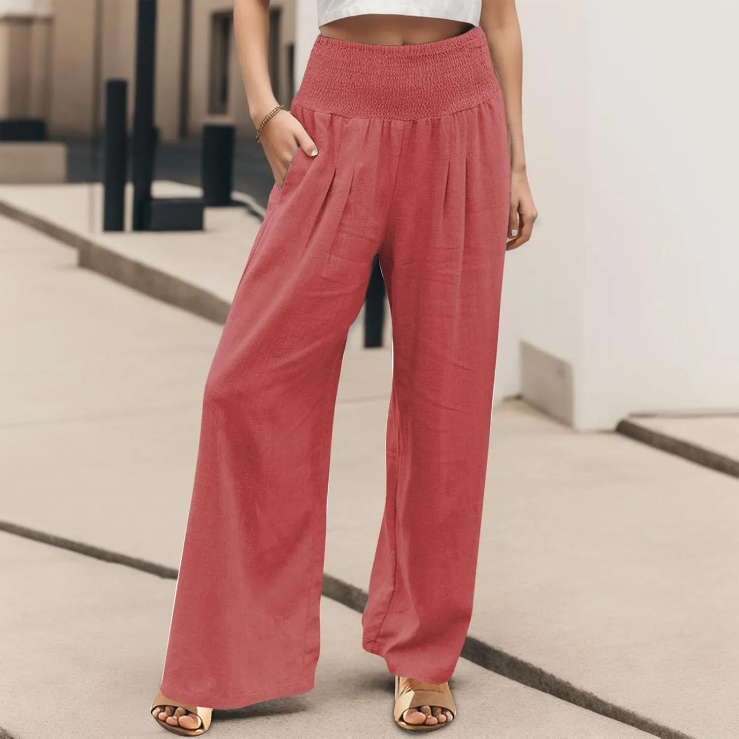 Wide Leg Pants for Women with Pockets Casual High Waisted Straight Leg Palazzo Pant Loose Solid Lounge Trousers