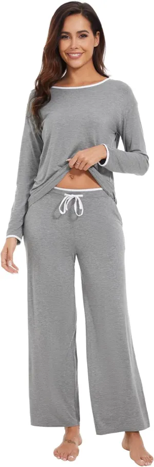 WiWi Womens Pajama Set with Pocket Long Sleeve Top with Long Pajama Pant Set Soft PJ Viscose from Bamboo Loungewear S-XXL