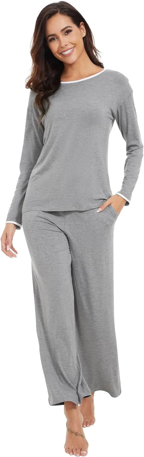WiWi Womens Pajama Set with Pocket Long Sleeve Top with Long Pajama Pant Set Soft PJ Viscose from Bamboo Loungewear S-XXL