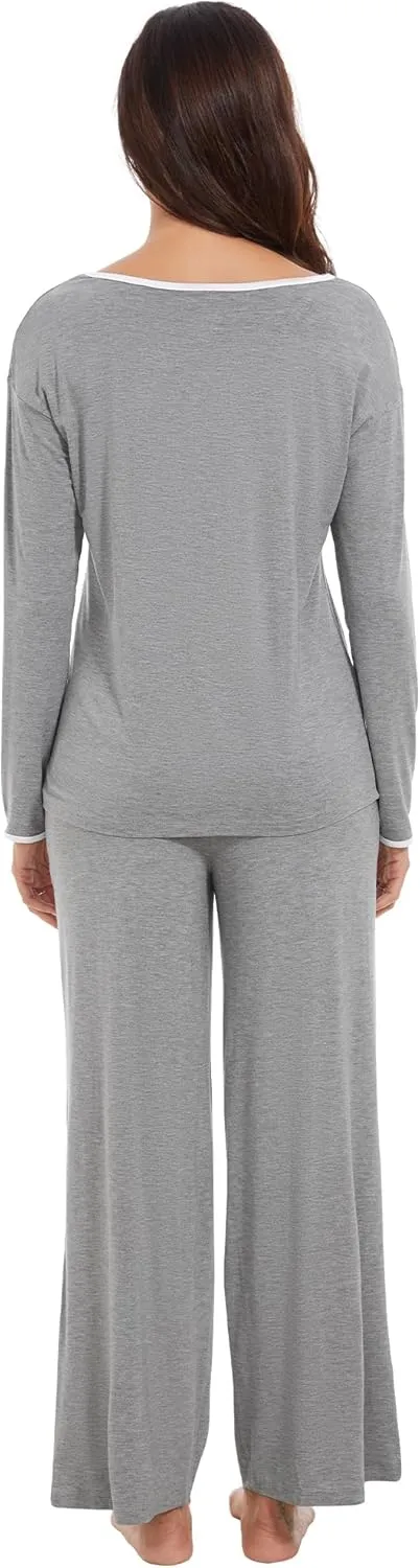 WiWi Womens Pajama Set with Pocket Long Sleeve Top with Long Pajama Pant Set Soft PJ Viscose from Bamboo Loungewear S-XXL