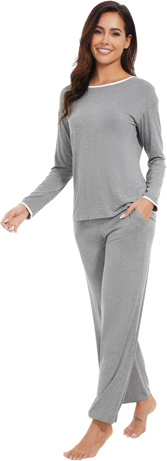 WiWi Womens Pajama Set with Pocket Long Sleeve Top with Long Pajama Pant Set Soft PJ Viscose from Bamboo Loungewear S-XXL