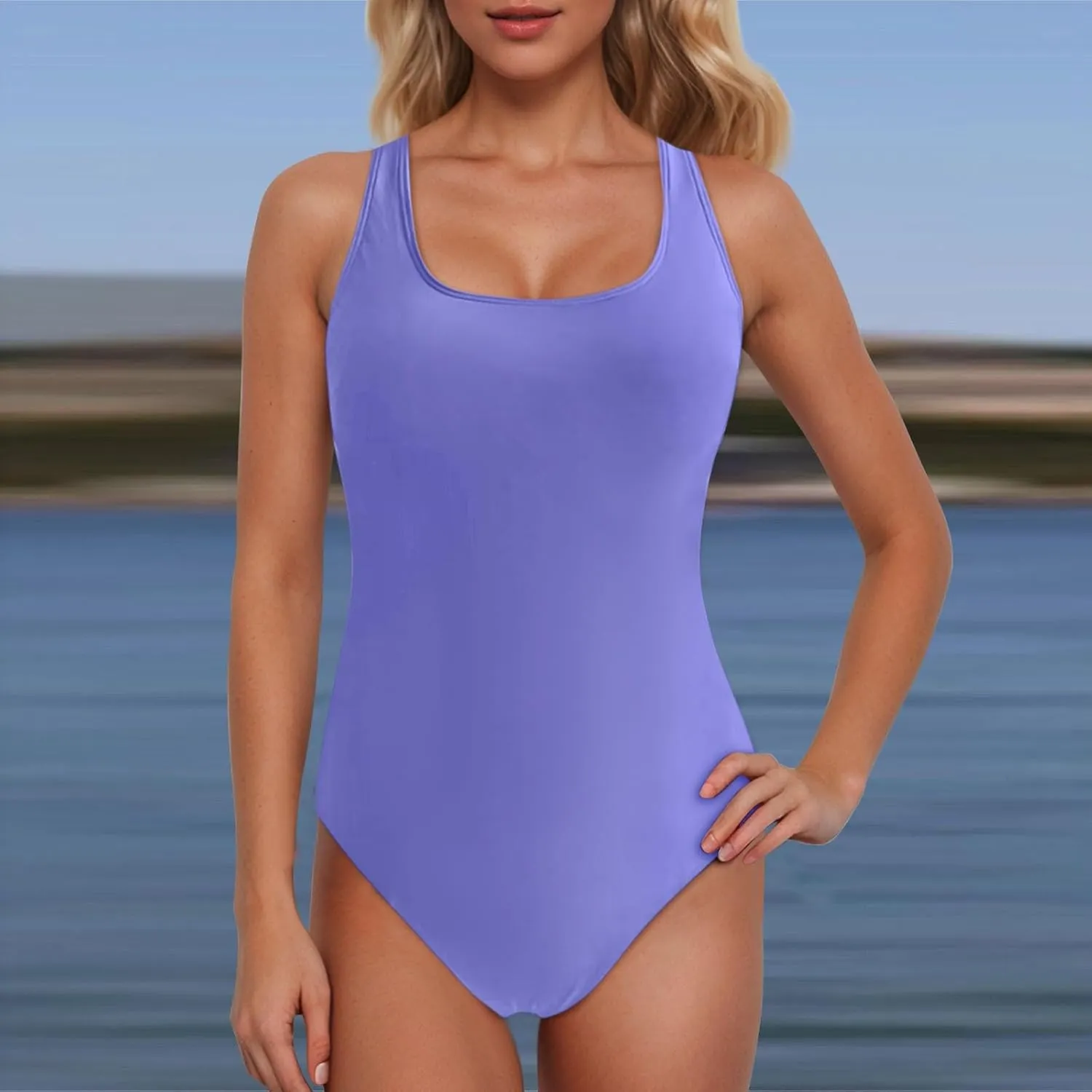 Women Athletic One Piece Swimsuit Sporty Racerback Tummy Control Bathing Suits Backless Full Coverage Modest Swimwear