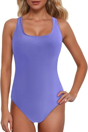 Women Athletic One Piece Swimsuit Sporty Racerback Tummy Control Bathing Suits Backless Full Coverage Modest Swimwear