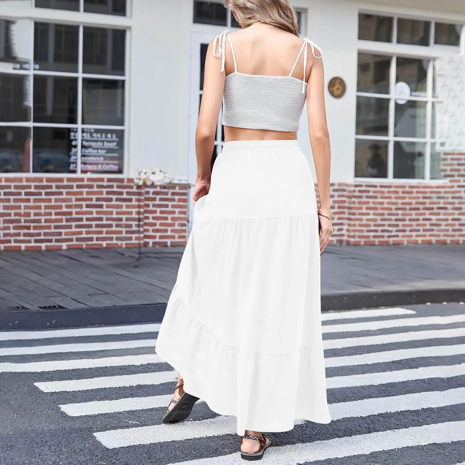 Women Boho Maxi Skirt Set Off Shoulder Ruffle Trim Ruched Crop Top and Flowy Slit Long Skirts 2 Piece Outfits Beach Wear