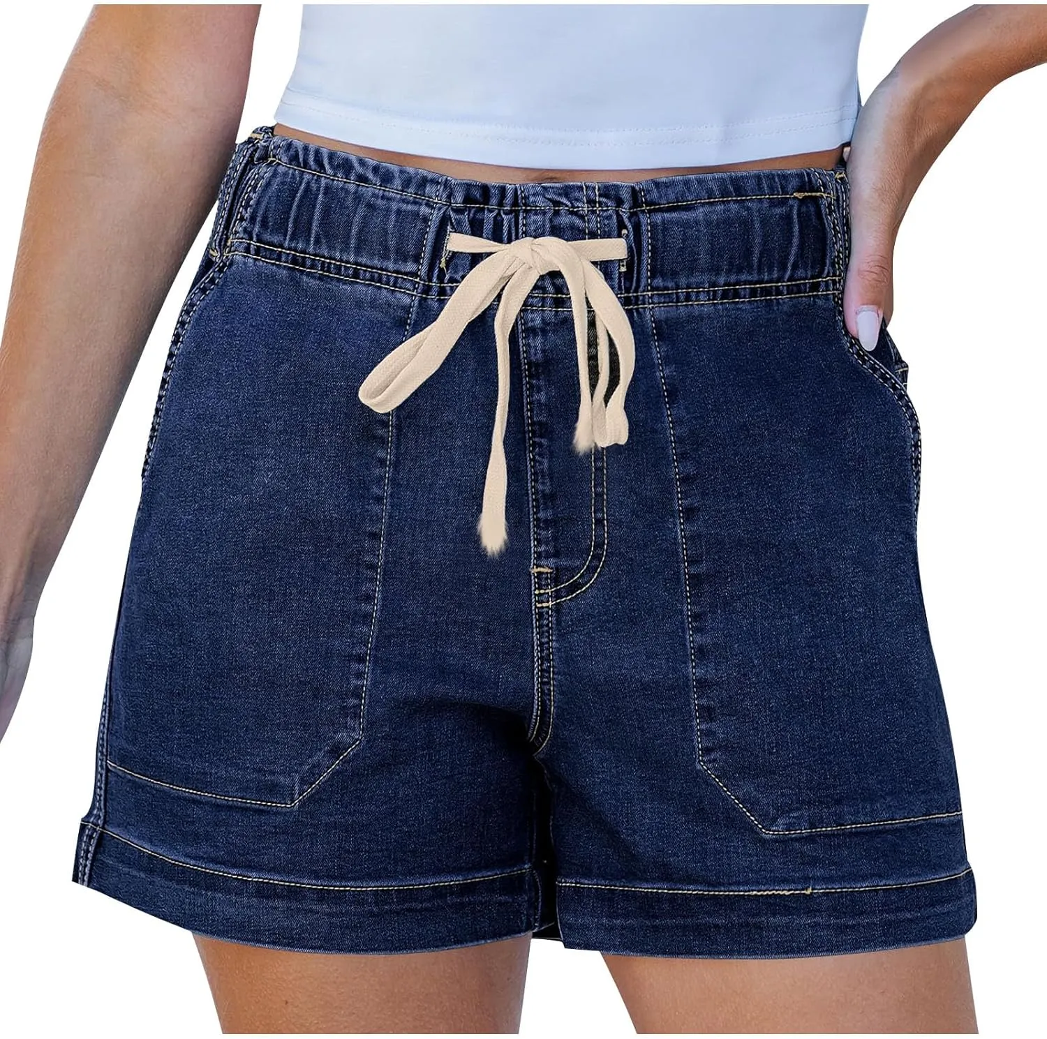 Women Casual Loose Denim Shorts Drawstring Pocket Mid-High Waisted Jean Shorts Cutoff Stretchy Summer Hot Short Pants