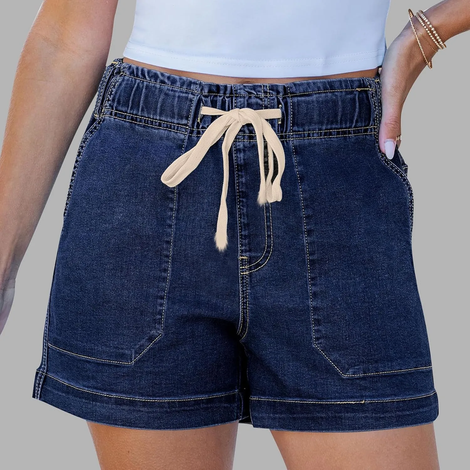 Women Casual Loose Denim Shorts Drawstring Pocket Mid-High Waisted Jean Shorts Cutoff Stretchy Summer Hot Short Pants