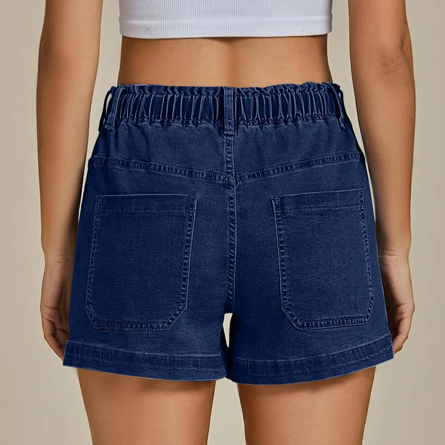 Women Casual Loose Denim Shorts Drawstring Pocket Mid-High Waisted Jean Shorts Cutoff Stretchy Summer Hot Short Pants