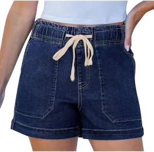 Women Casual Loose Denim Shorts Drawstring Pocket Mid-High Waisted Jean Shorts Cutoff Stretchy Summer Hot Short Pants