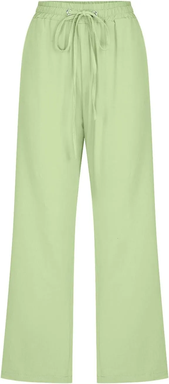 Women Comfortable High Waisted Wide Leg Pants Drawstring Elastic Trousers Comfy Straight Leg Long Pants with Pockets