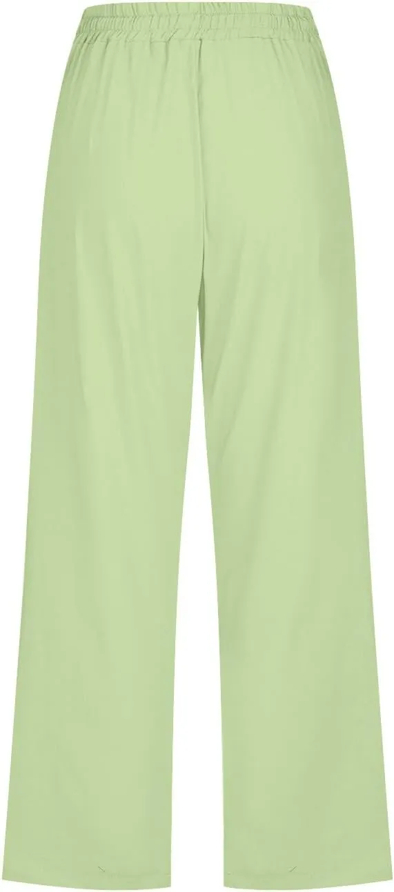 Women Comfortable High Waisted Wide Leg Pants Drawstring Elastic Trousers Comfy Straight Leg Long Pants with Pockets