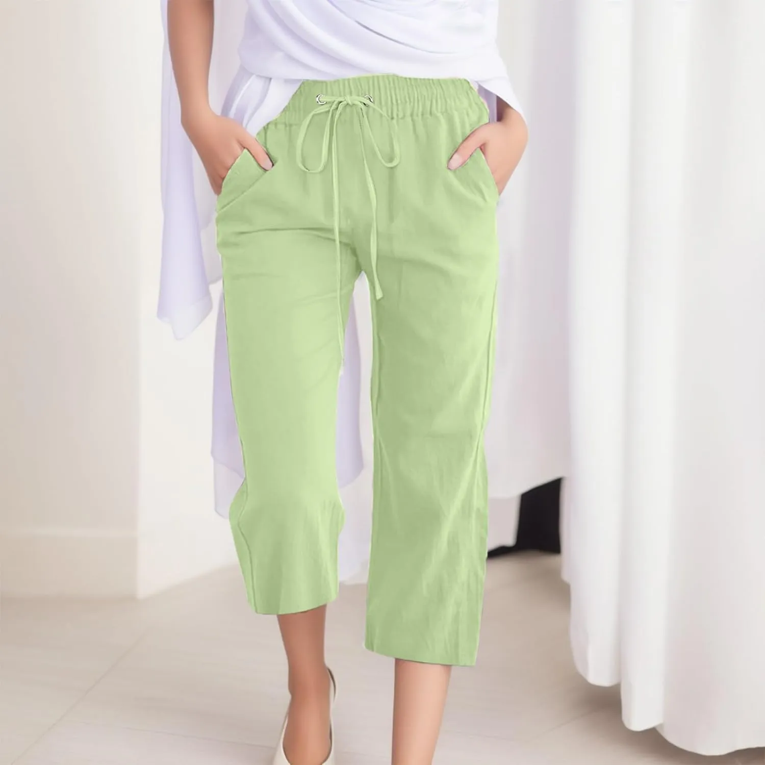 Women Comfortable High Waisted Wide Leg Pants Drawstring Elastic Trousers Comfy Straight Leg Long Pants with Pockets