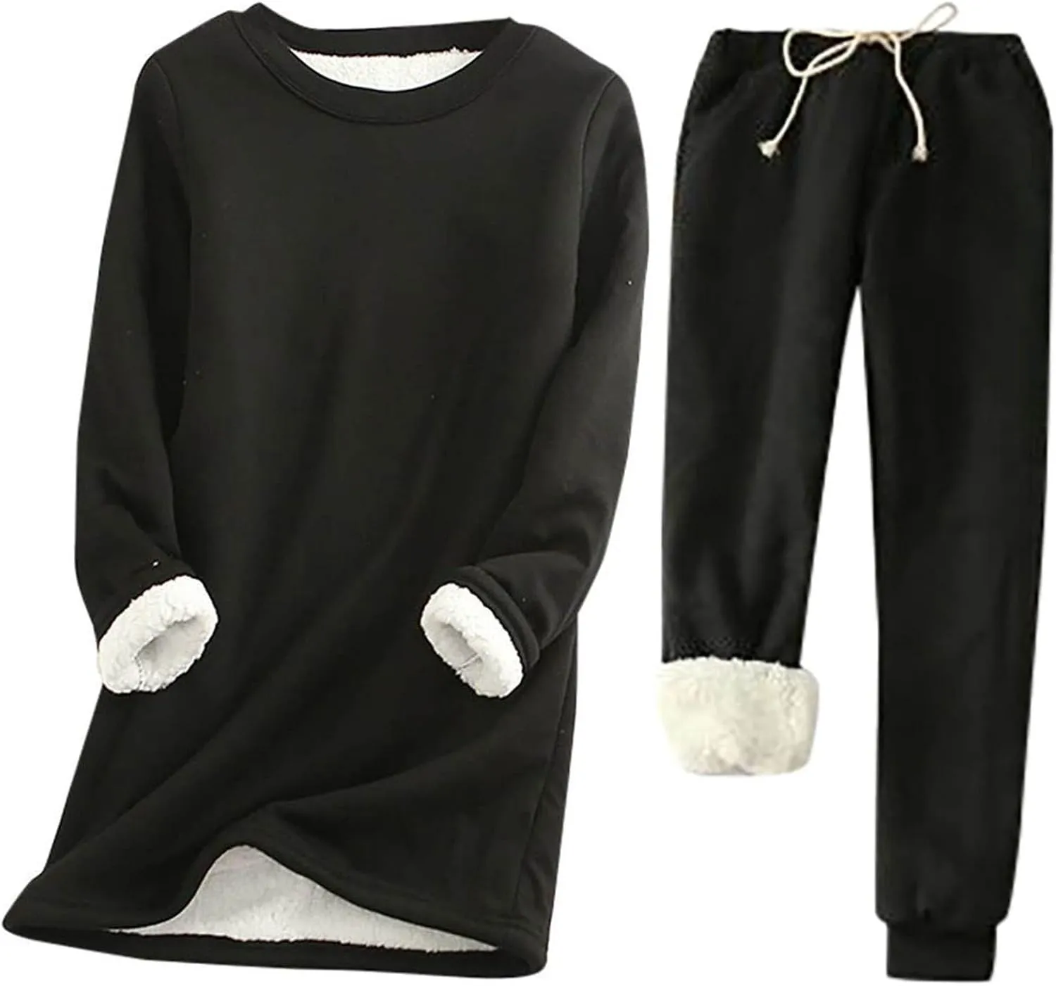 Women Fleece Lined Lounge Set Fall Winter 2 Piece Loungewear Soft Warm Fuzzy Pajamas Long Sleeve Tops with Pants Sets