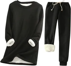 Women Fleece Lined Lounge Set Fall Winter 2 Piece Loungewear Soft Warm Fuzzy Pajamas Long Sleeve Tops with Pants Sets