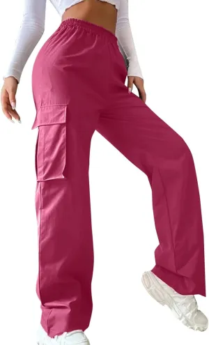 Women High Waisted Wide Leg Cargo Pants Button Down Loose Casual Trendy Work Trousers with 2 Pockets