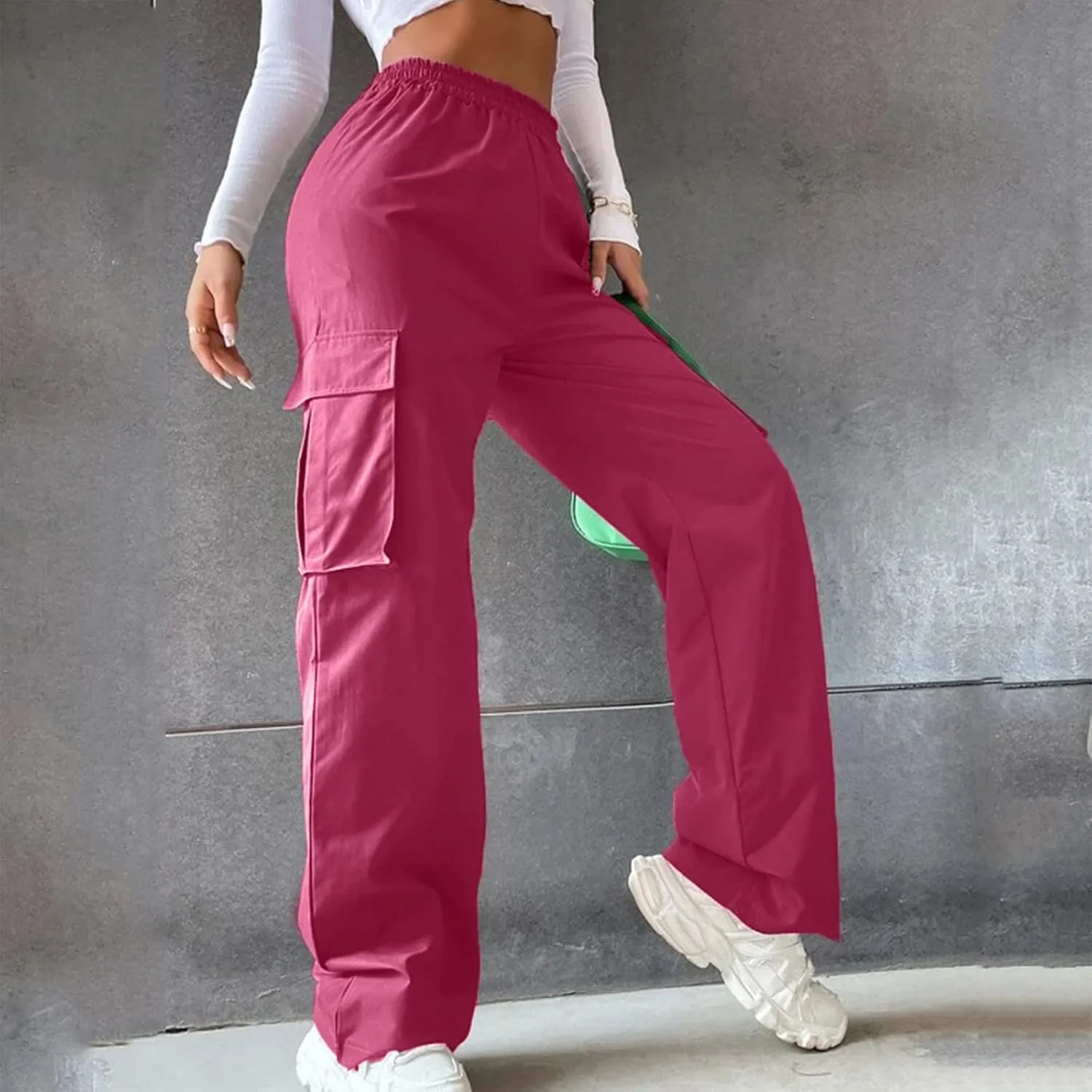 Women High Waisted Wide Leg Cargo Pants Button Down Loose Casual Trendy Work Trousers with 2 Pockets