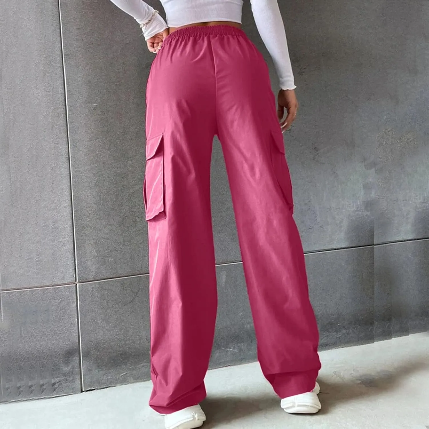 Women High Waisted Wide Leg Cargo Pants Button Down Loose Casual Trendy Work Trousers with 2 Pockets