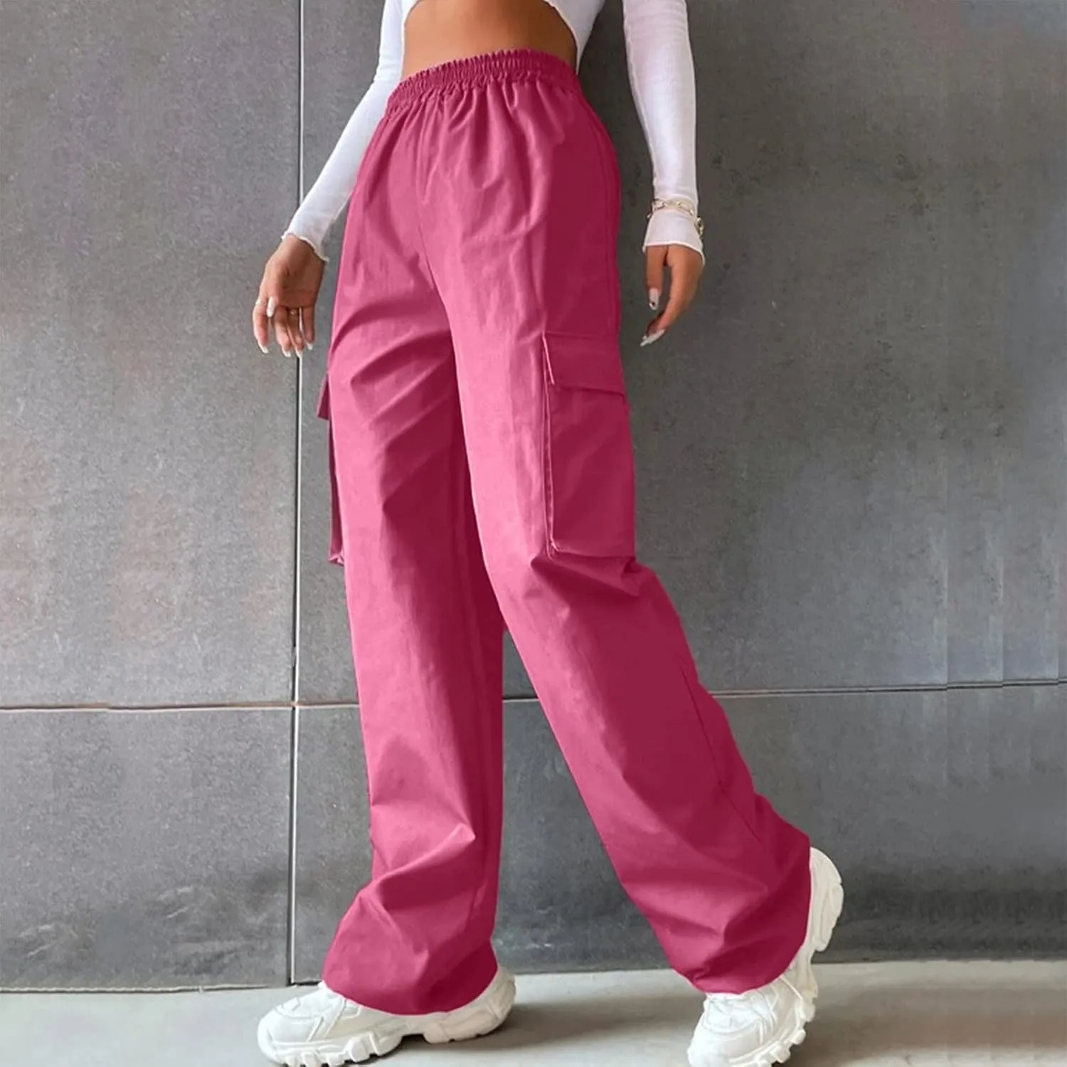 Women High Waisted Wide Leg Cargo Pants Button Down Loose Casual Trendy Work Trousers with 2 Pockets