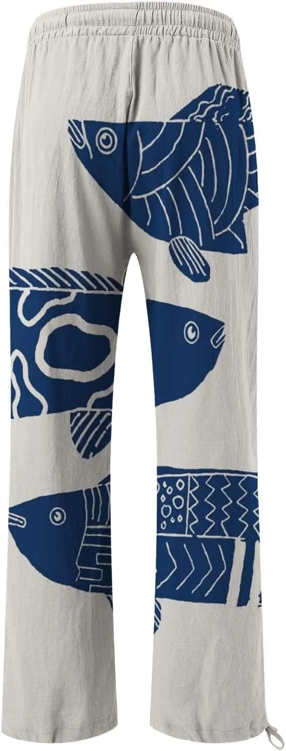 Women High Waisted Wide Leg Fish Art Printed Pants Casual Long Loungewear Pants Summer Beach Trousers with Pockets