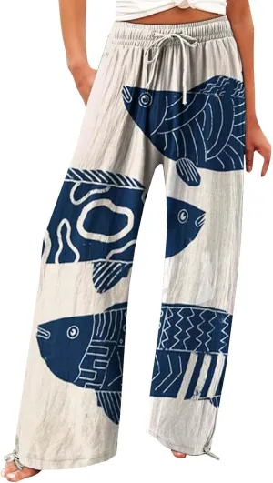 Women High Waisted Wide Leg Fish Art Printed Pants Casual Long Loungewear Pants Summer Beach Trousers with Pockets