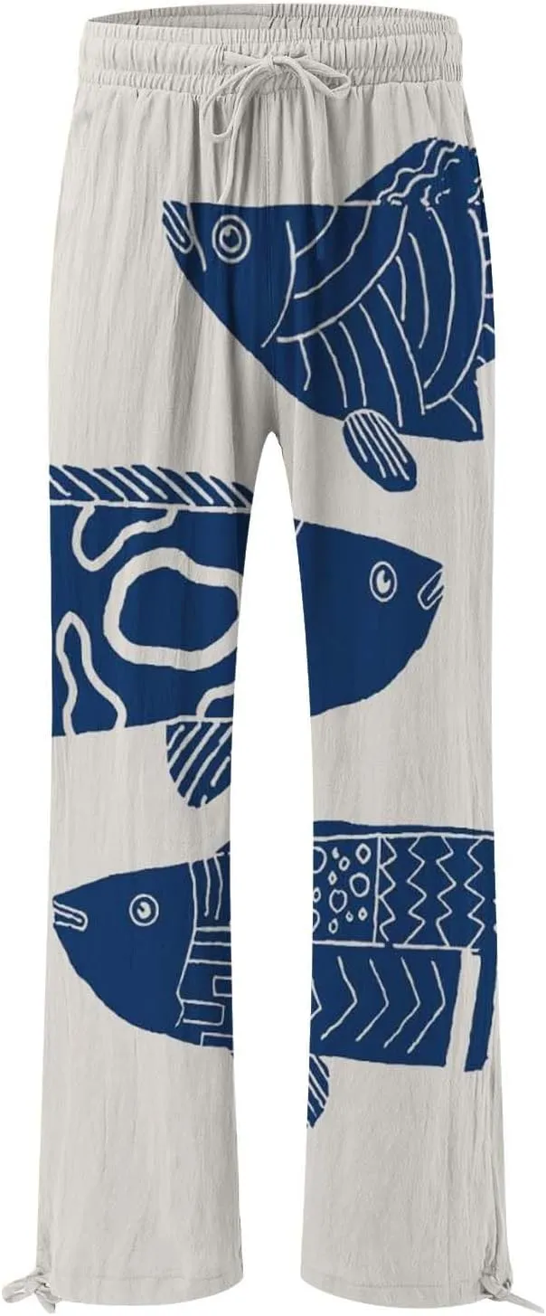 Women High Waisted Wide Leg Fish Art Printed Pants Casual Long Loungewear Pants Summer Beach Trousers with Pockets