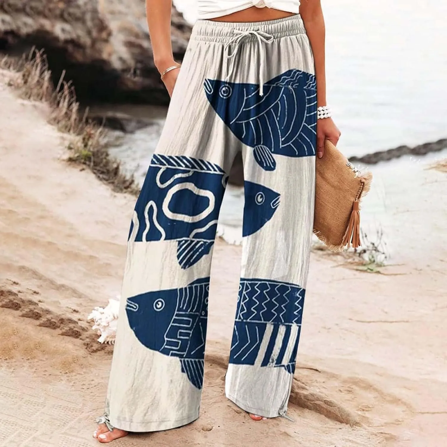 Women High Waisted Wide Leg Fish Art Printed Pants Casual Long Loungewear Pants Summer Beach Trousers with Pockets