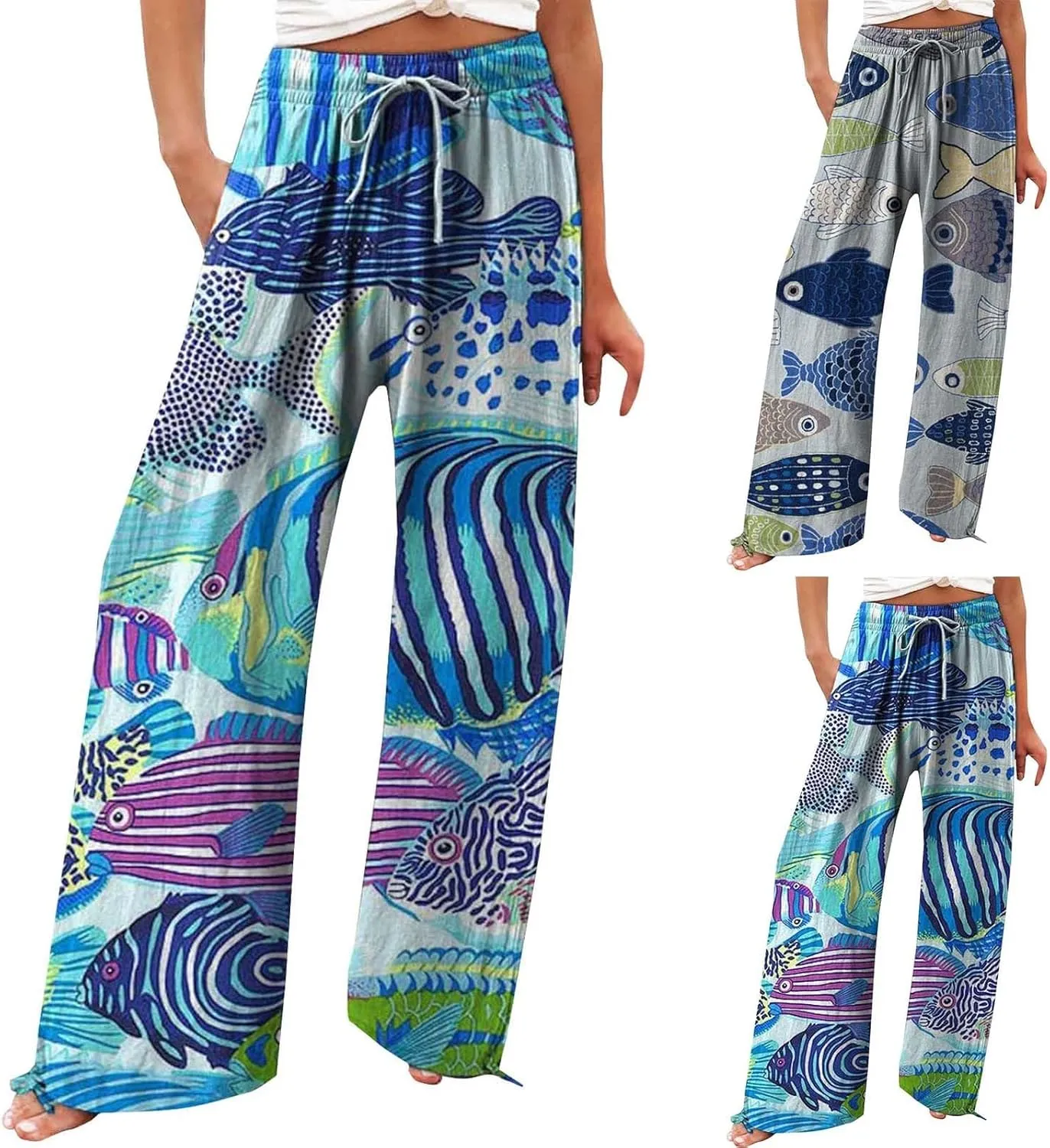 Women High Waisted Wide Leg Fish Art Printed Pants Summer Beach Trousers Casual Long Loungewear Pants with Pockets