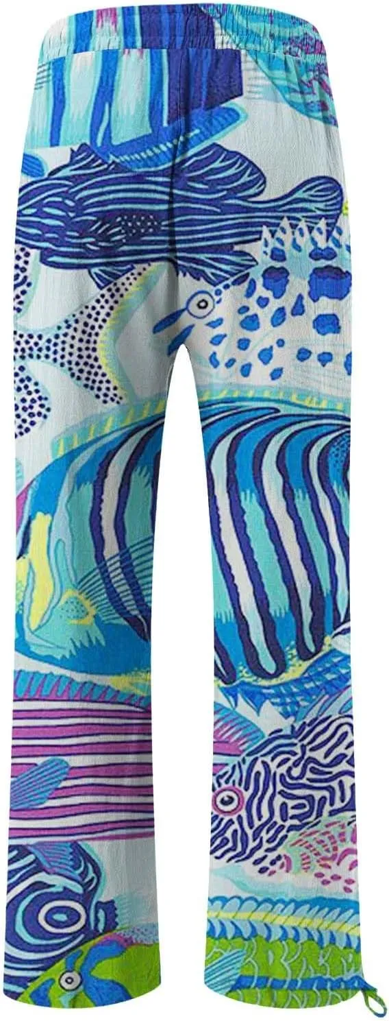 Women High Waisted Wide Leg Fish Art Printed Pants Summer Beach Trousers Casual Long Loungewear Pants with Pockets