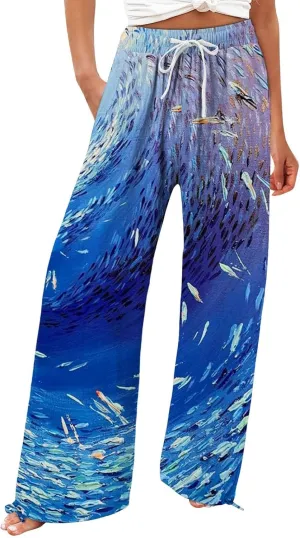 Women High Waisted Wide Leg Fish Art Printed Pants Summer Beach Trousers Casual Long Loungewear Pants with Pockets