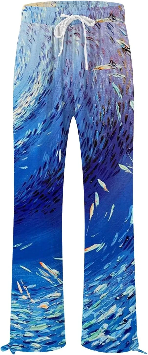Women High Waisted Wide Leg Fish Art Printed Pants Summer Beach Trousers Casual Long Loungewear Pants with Pockets