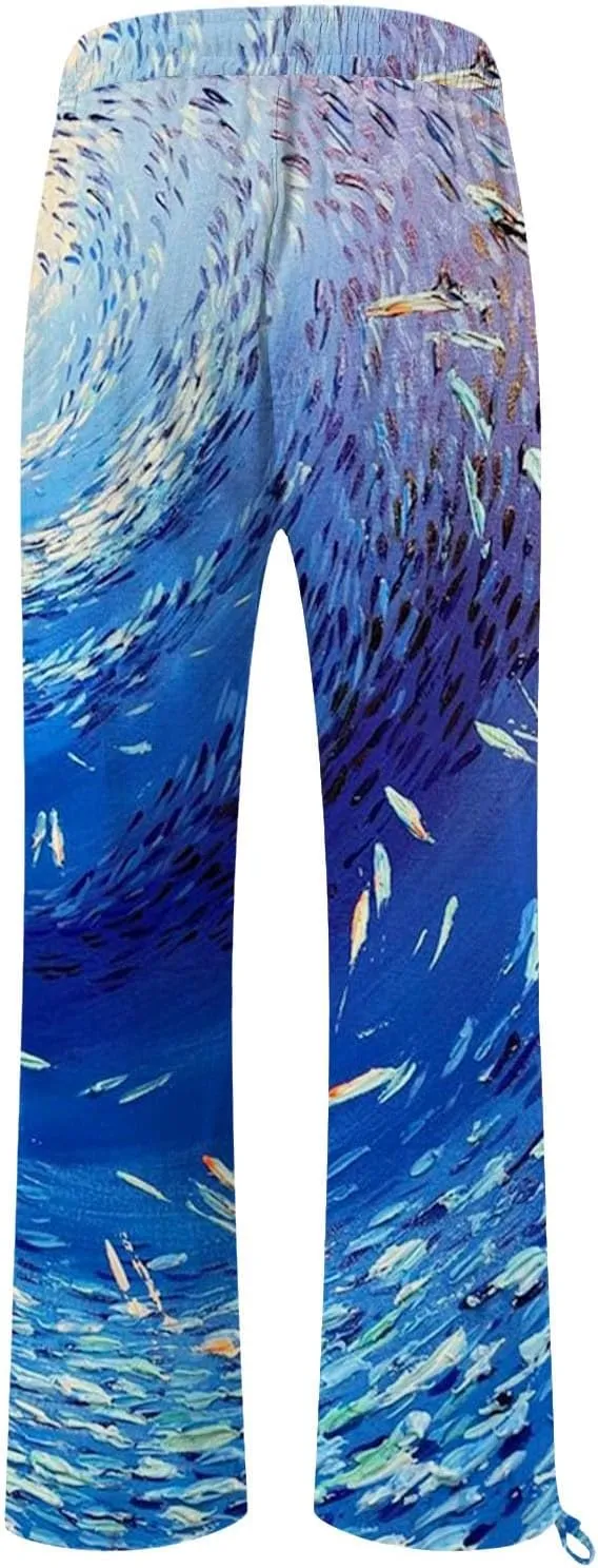 Women High Waisted Wide Leg Fish Art Printed Pants Summer Beach Trousers Casual Long Loungewear Pants with Pockets