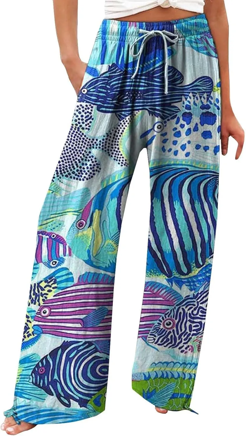 Women High Waisted Wide Leg Fish Art Printed Pants Summer Beach Trousers Casual Long Loungewear Pants with Pockets