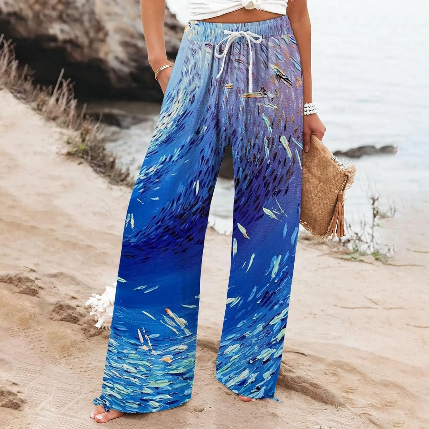 Women High Waisted Wide Leg Fish Art Printed Pants Summer Beach Trousers Casual Long Loungewear Pants with Pockets