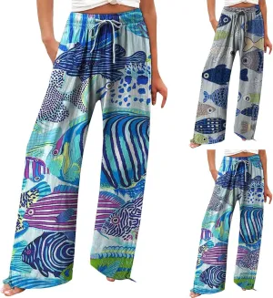Women High Waisted Wide Leg Fish Art Printed Pants Summer Beach Trousers Casual Long Loungewear Pants with Pockets