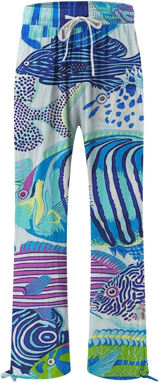 Women High Waisted Wide Leg Fish Art Printed Pants Summer Beach Trousers Casual Long Loungewear Pants with Pockets