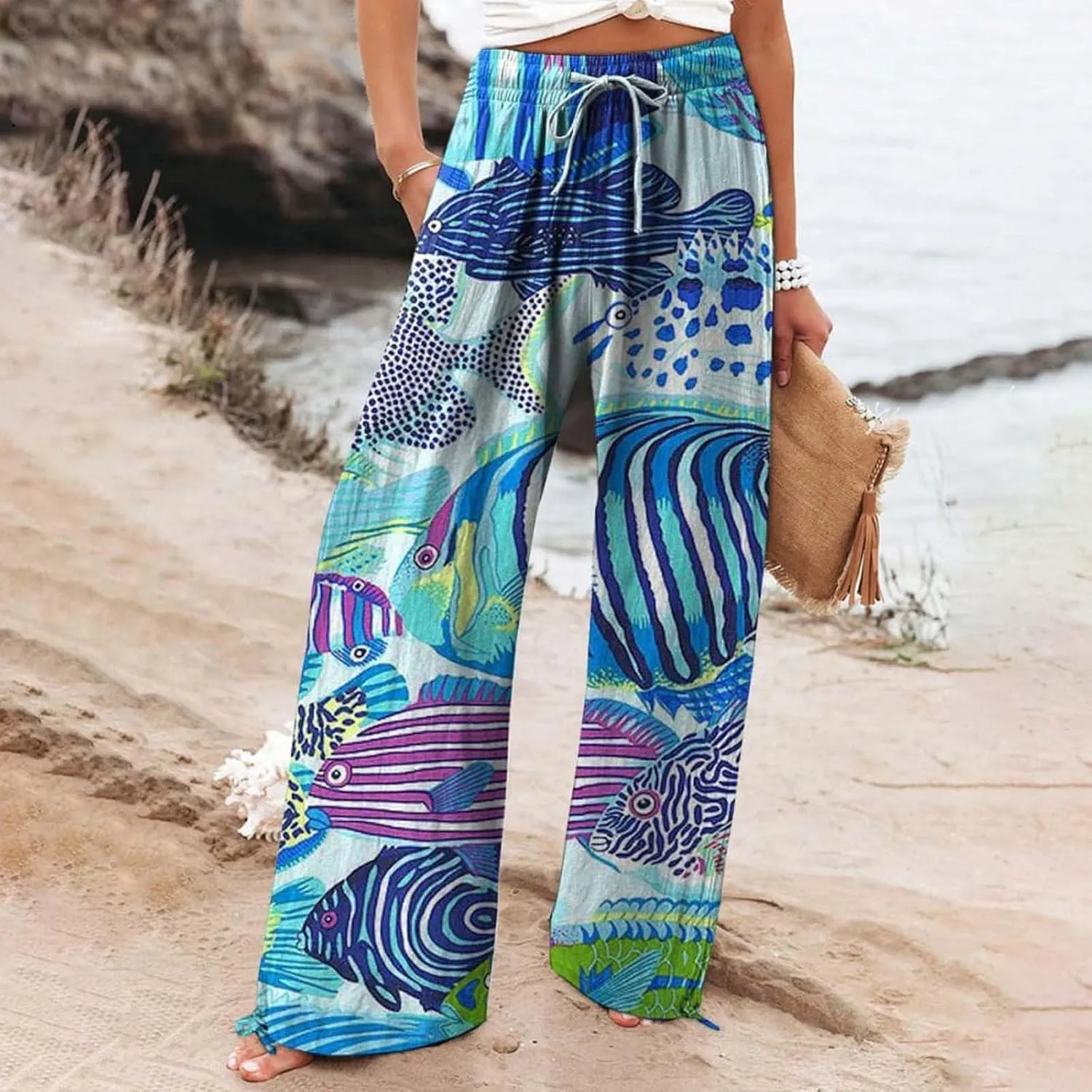 Women High Waisted Wide Leg Fish Art Printed Pants Summer Beach Trousers Casual Long Loungewear Pants with Pockets