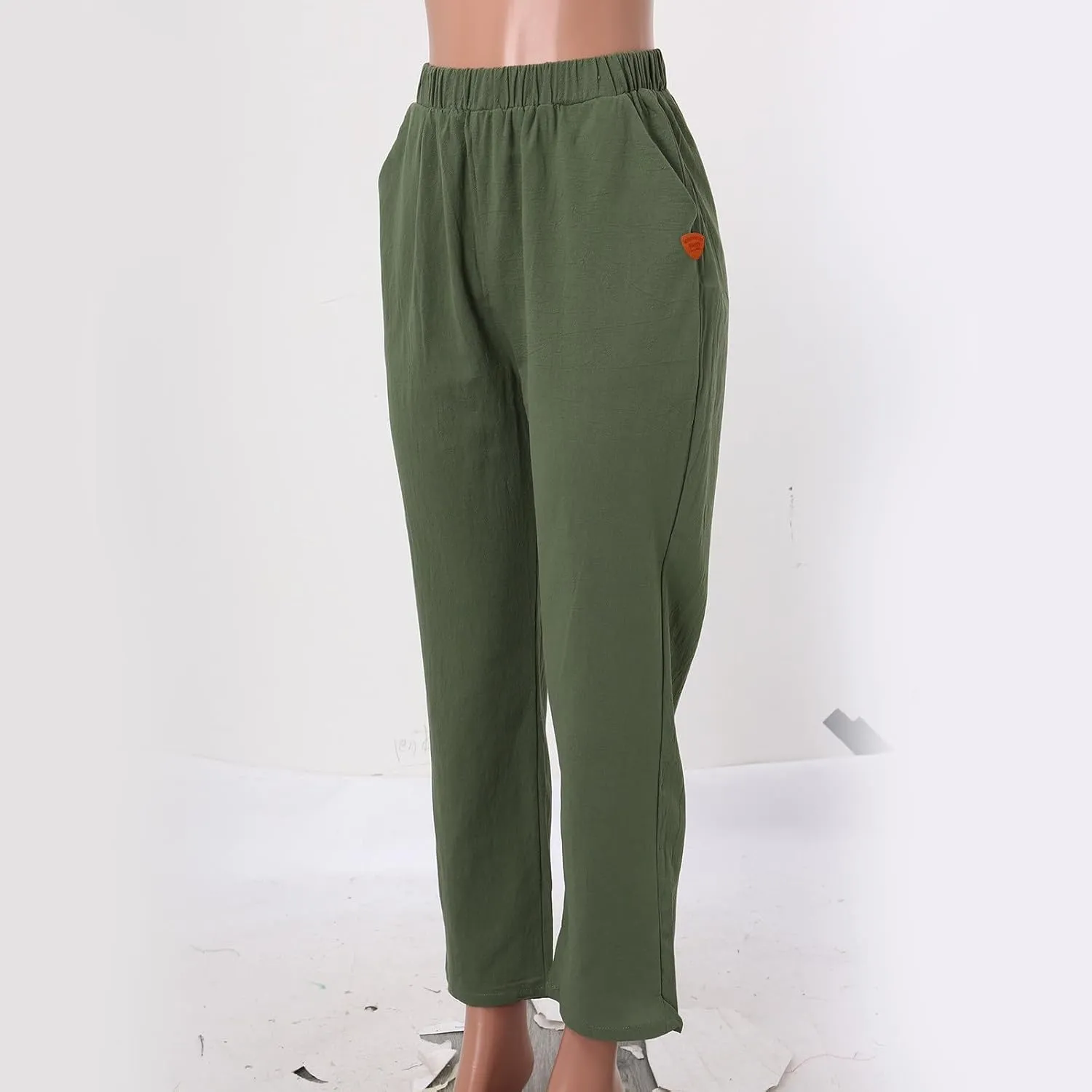Women Linen Cotton Blend Pants Straight Leg Summer Cotton Casual High Waist Elastic Linen Beach Pants