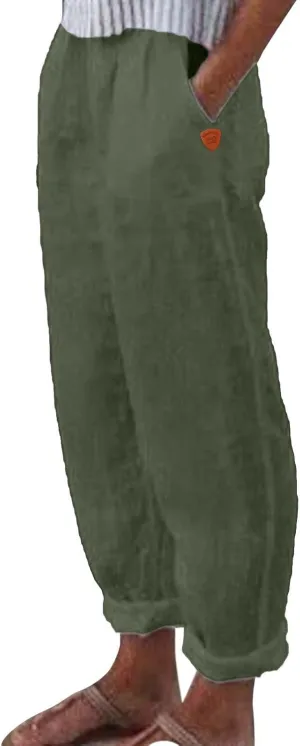 Women Linen Cotton Blend Pants Straight Leg Summer Cotton Casual High Waist Elastic Linen Beach Pants