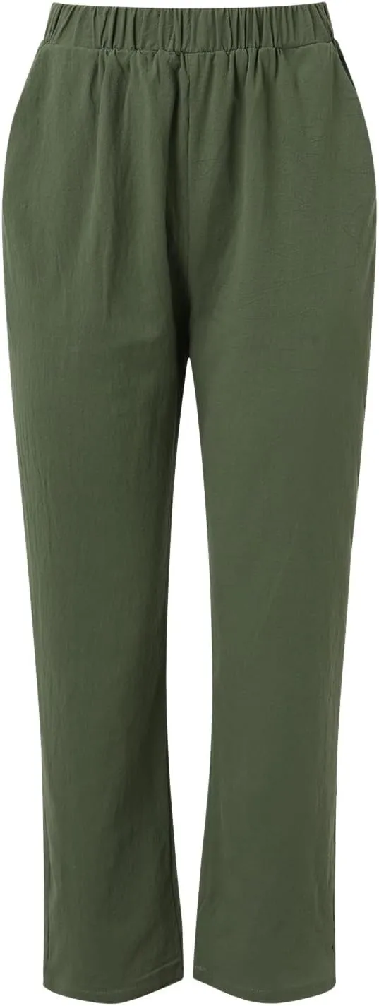Women Linen Cotton Blend Pants Straight Leg Summer Cotton Casual High Waist Elastic Linen Beach Pants