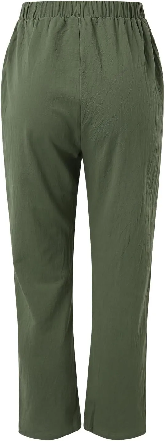 Women Linen Cotton Blend Pants Straight Leg Summer Cotton Casual High Waist Elastic Linen Beach Pants