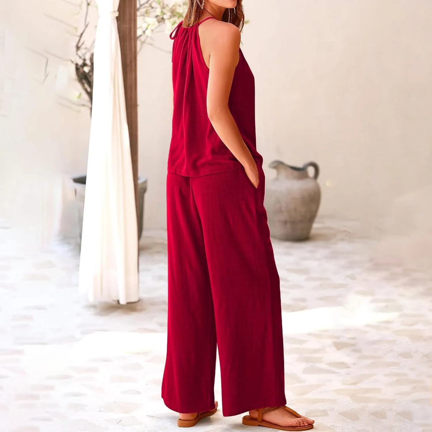 Women Linen Set Casual Summer Outfits 2 Piece Vacation Outfits Sleeveless Halter Top Wide Leg Palazzo Pants Beach Sets