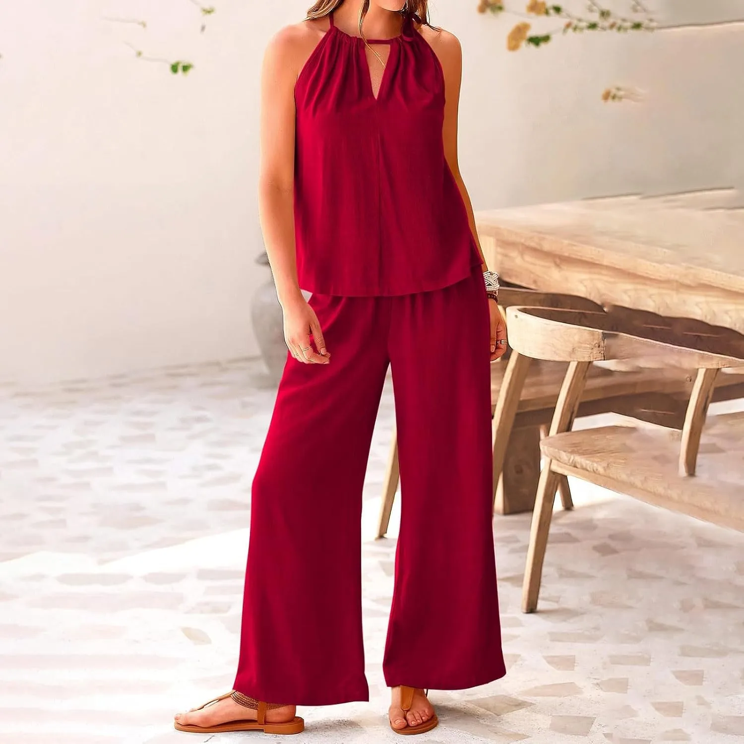 Women Linen Set Casual Summer Outfits 2 Piece Vacation Outfits Sleeveless Halter Top Wide Leg Palazzo Pants Beach Sets