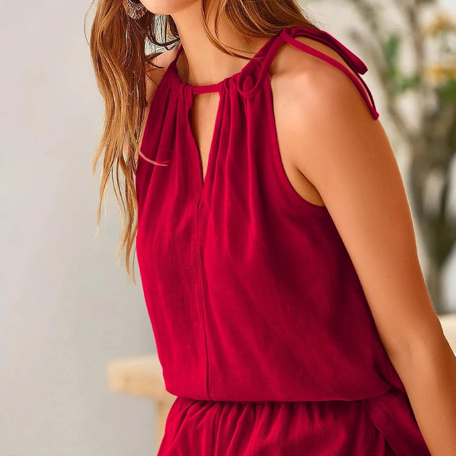 Women Linen Set Casual Summer Outfits 2 Piece Vacation Outfits Sleeveless Halter Top Wide Leg Palazzo Pants Beach Sets