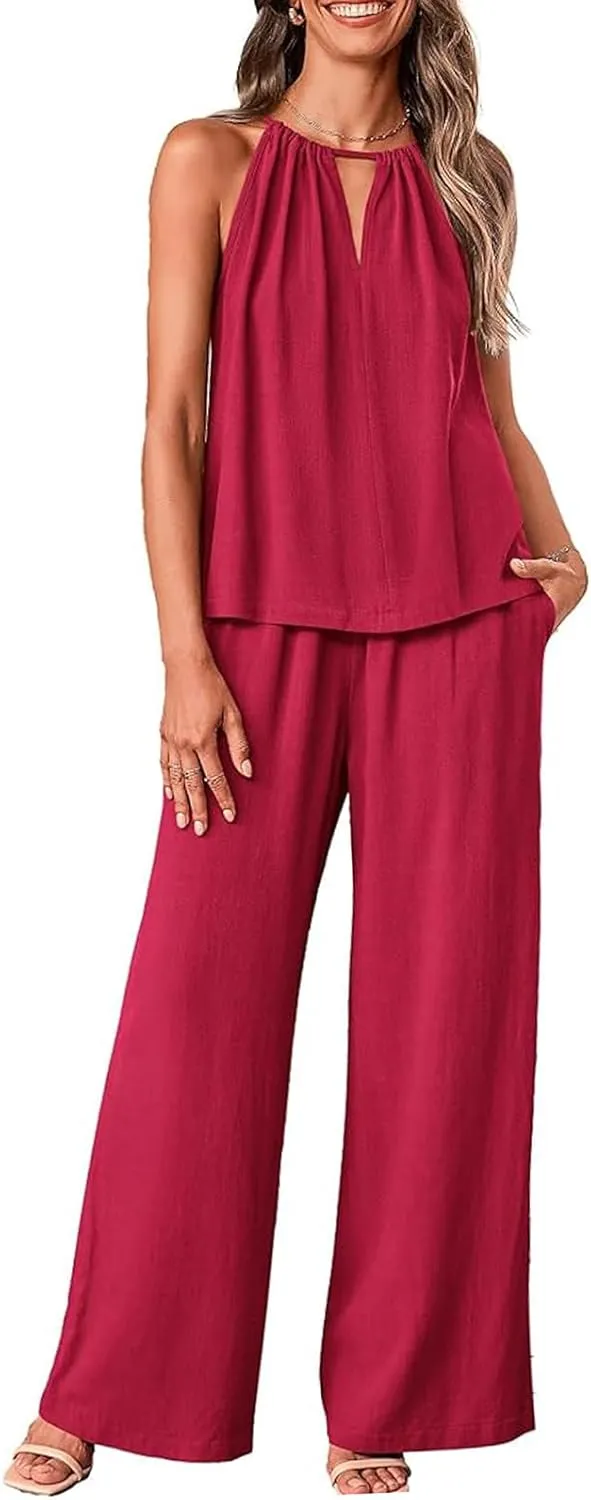 Women Linen Set Casual Summer Outfits 2 Piece Vacation Outfits Sleeveless Halter Top Wide Leg Palazzo Pants Beach Sets
