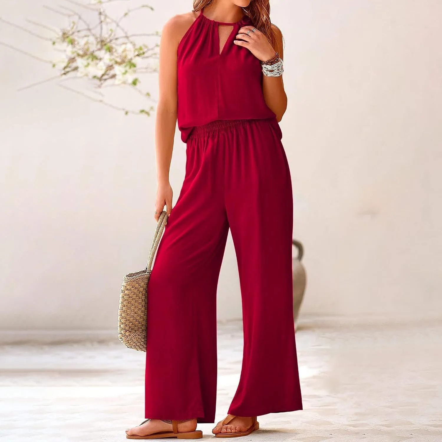 Women Linen Set Casual Summer Outfits 2 Piece Vacation Outfits Sleeveless Halter Top Wide Leg Palazzo Pants Beach Sets