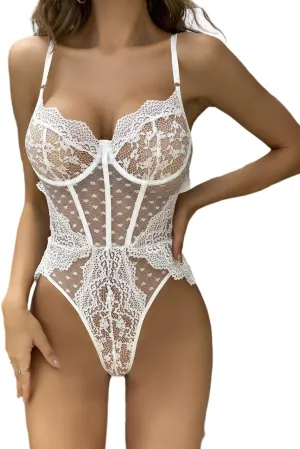 Women Lingerie Floral Lace Sexy Deep V One Piece Bodysuit Teddy Babydoll Underwear