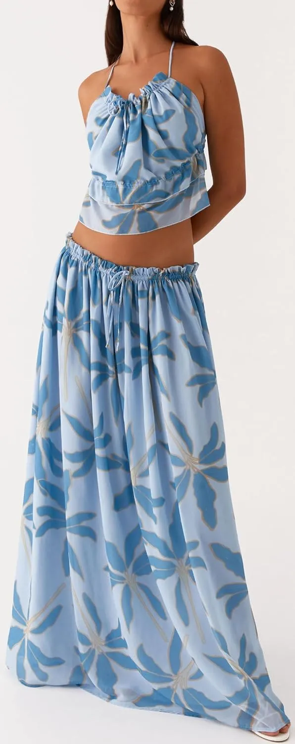 Women Maxi Skirt Sets Y2k Hollow Out Eyelet Lace Crop Top Flowy Long Skirt Sheer Lace Summer Beach 2 Piece Outfits