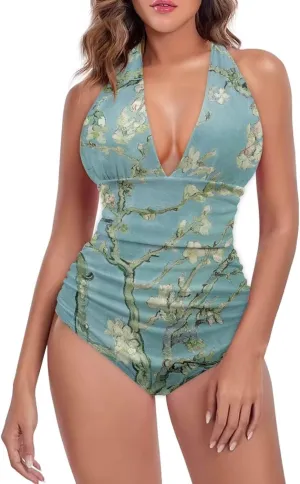 Women Tummy Control Bathing Suits Halter One Piece Swimsuits Polynesian Print Halter Push Up Bathing Suits