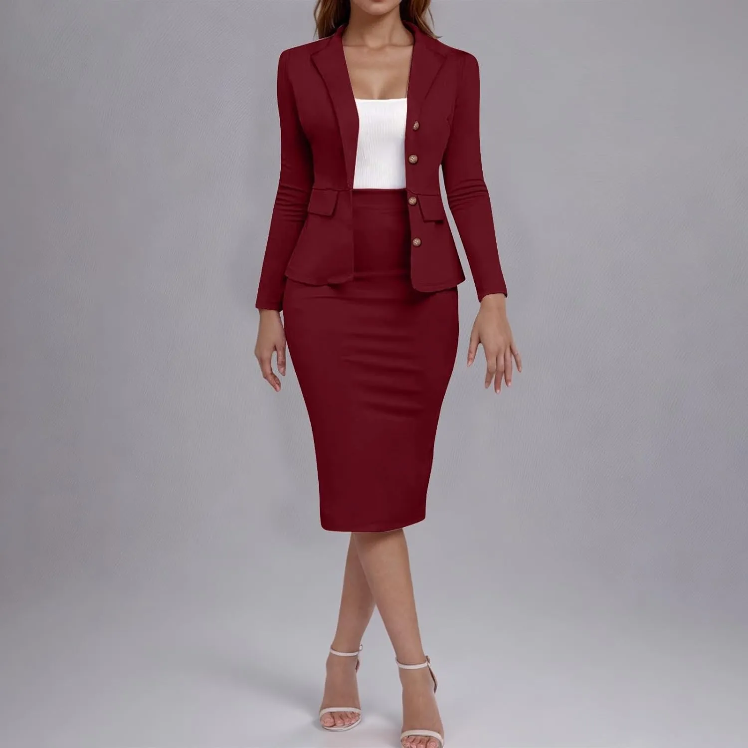 Women Two Piece Suit Skirt Set Business Casual Long Sleeve Blazer and Pencil Skirt Blazer Sets Women 2 Piece Outfits